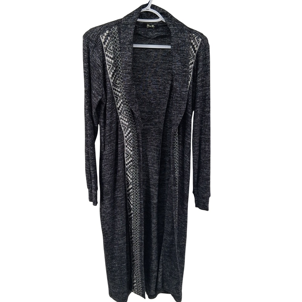 Miss Me Duster Cardigan Womens S Heather Charcoal Tribal Trim MJ0152L